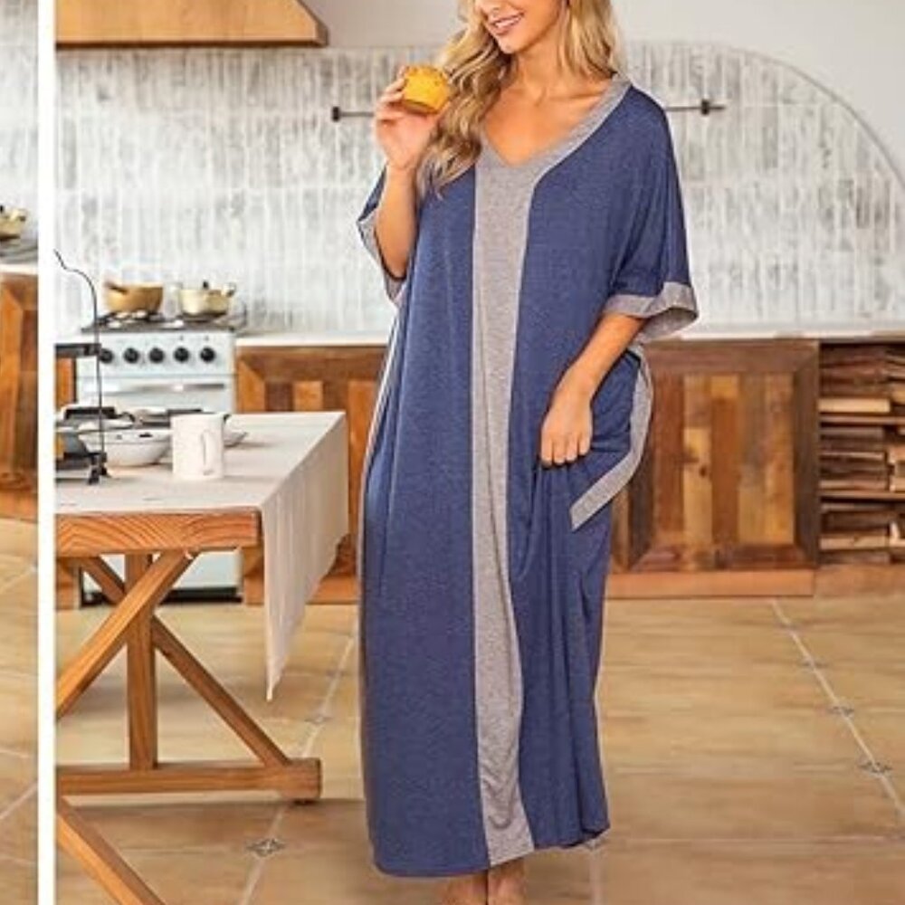 blue maxi length cotton caftan nightgown size L